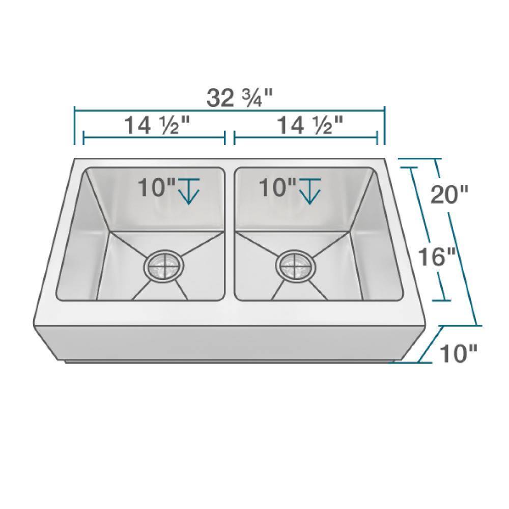 Rene 33" Stainless Steel Farmhouse Sink, 50/50 Double Bowl, 16 Gauge, R1-3002-16 - The Sink Boutique