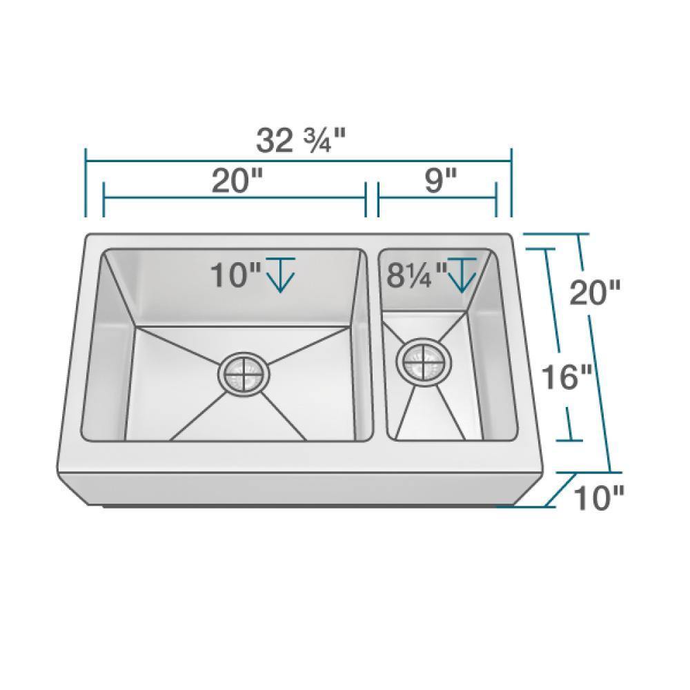 Rene 33" Stainless Steel Farmhouse Sink, 70/30 Double Bowl, 16 Gauge, R1-3003L-16 - The Sink Boutique