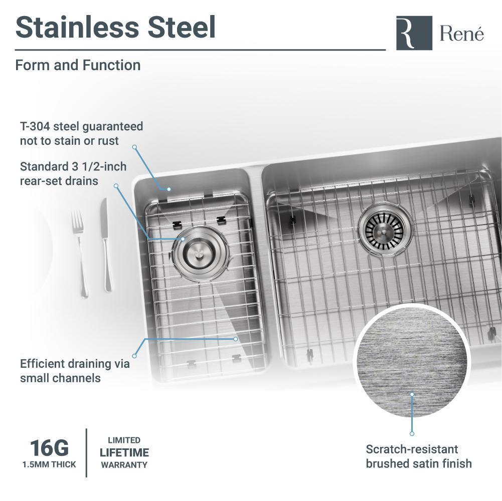 Rene 33" Stainless Steel Farmhouse Sink, 30/70 Double Bowl, 16 Gauge, R1-3003R-16 - The Sink Boutique