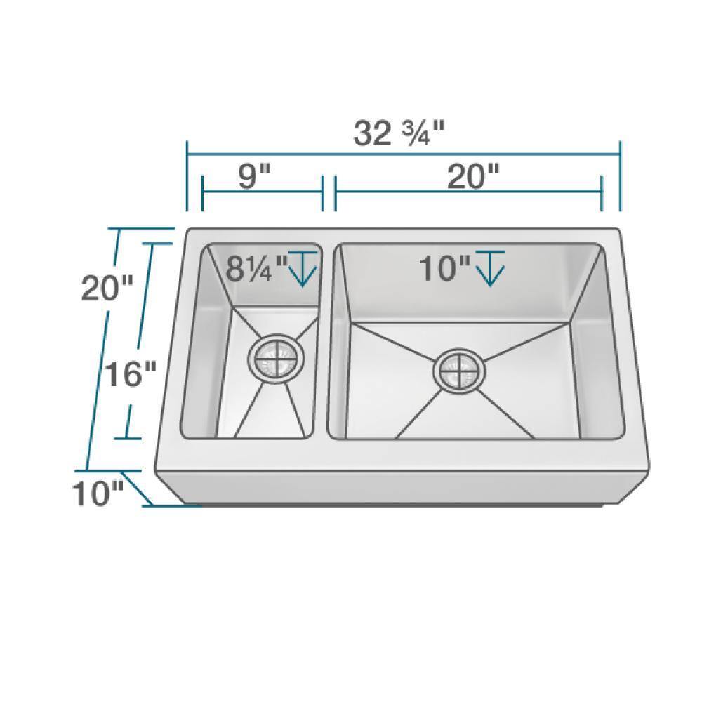 Rene 33" Stainless Steel Farmhouse Sink, 30/70 Double Bowl, 16 Gauge, R1-3003R-16 - The Sink Boutique