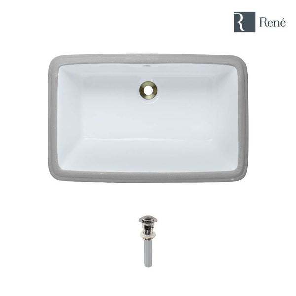 Rene 22" Rectangle Porcelain Bathroom Sink, White, R2-1001-W-PUD-BN