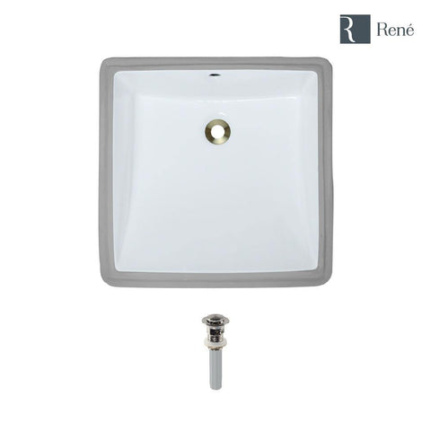Rene 17" Rectangle Porcelain Bathroom Sink, White, R2-1003-W-PUD-BN