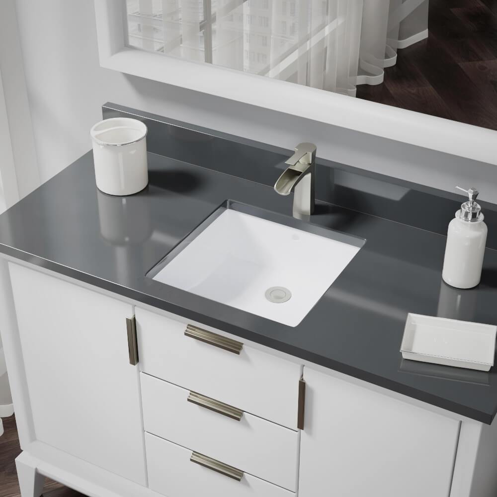 Rene 17" Rectangle Porcelain Bathroom Sink, White, R2-1003-W-PUD-BN - The Sink Boutique