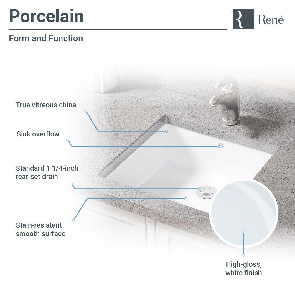 Rene 17" Rectangle Porcelain Bathroom Sink, White, R2-1003-W-PUD-C - The Sink Boutique