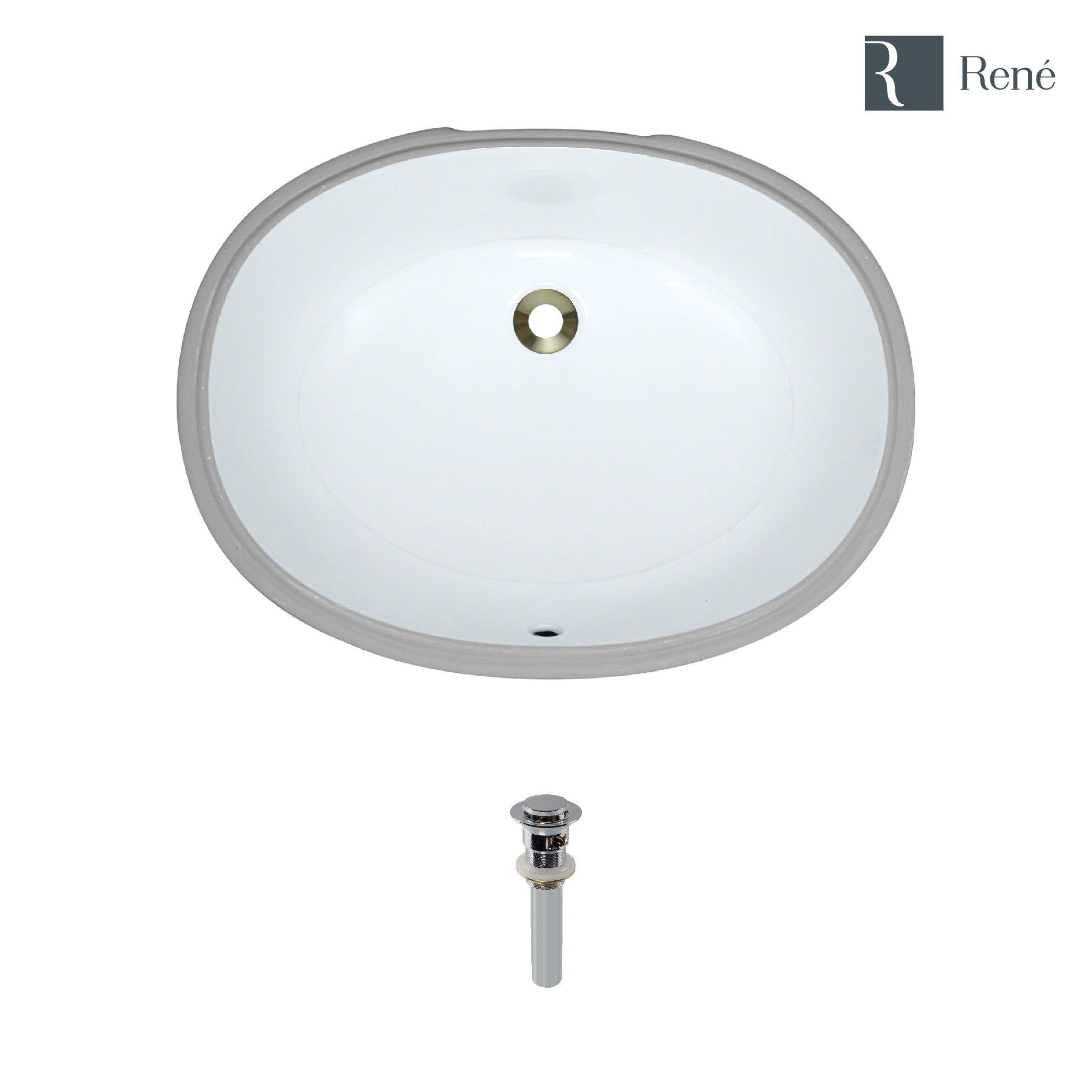 Rene Undermount Porcelain Bathroom Sink in White with Pop-Up Drain in Chrome