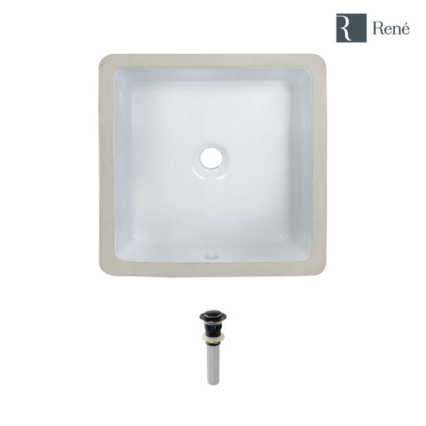 Rene 16" Square Porcelain Bathroom Sink, White, R2-1006-W-PUD-ABR