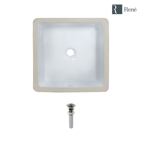 Rene 16" Square Porcelain Bathroom Sink, White, R2-1006-W-PUD-BN