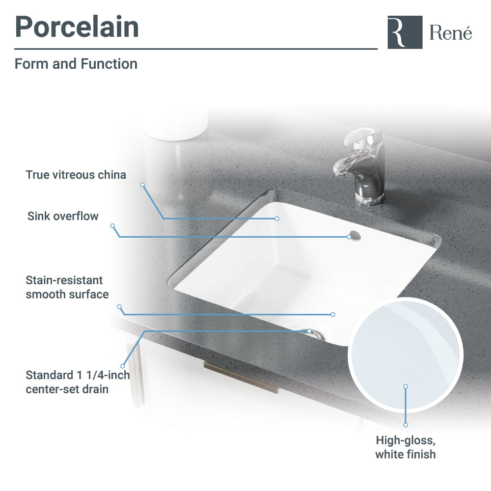 Rene 16" Square Porcelain Bathroom Sink, White, R2-1006-W-PUD-C - The Sink Boutique