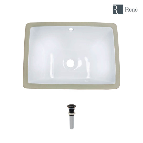 Rene 18" Rectangle Porcelain Bathroom Sink, White, R2-1007-W-PUD-ABR