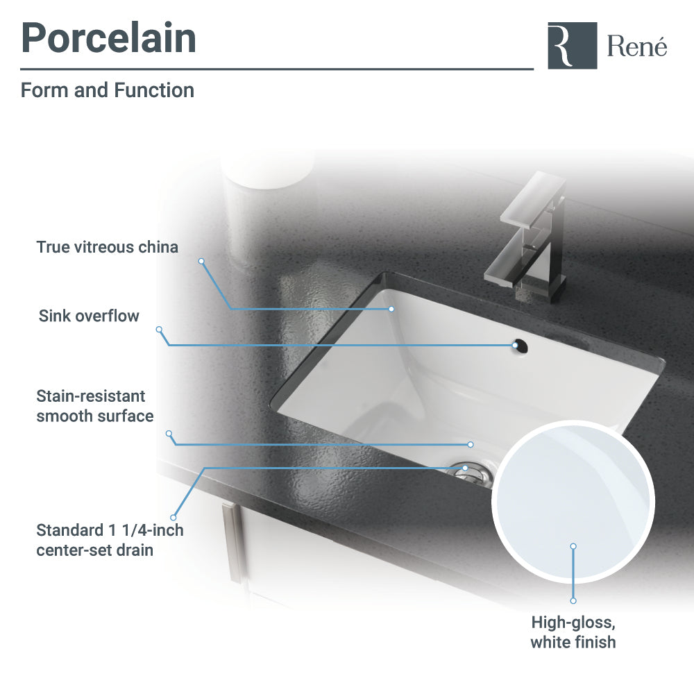 Rene 18" Rectangle Porcelain Bathroom Sink, White, R2-1007-W-PUD-ABR - The Sink Boutique