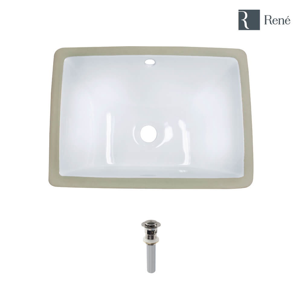 Rene Undermount Porcelain Bathroom Sink in White with Pop-Up Drain in Brushed Nickel