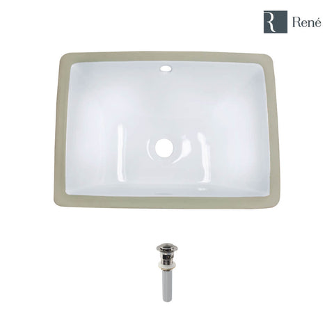 Rene 18" Rectangle Porcelain Bathroom Sink, White, R2-1007-W-PUD-BN