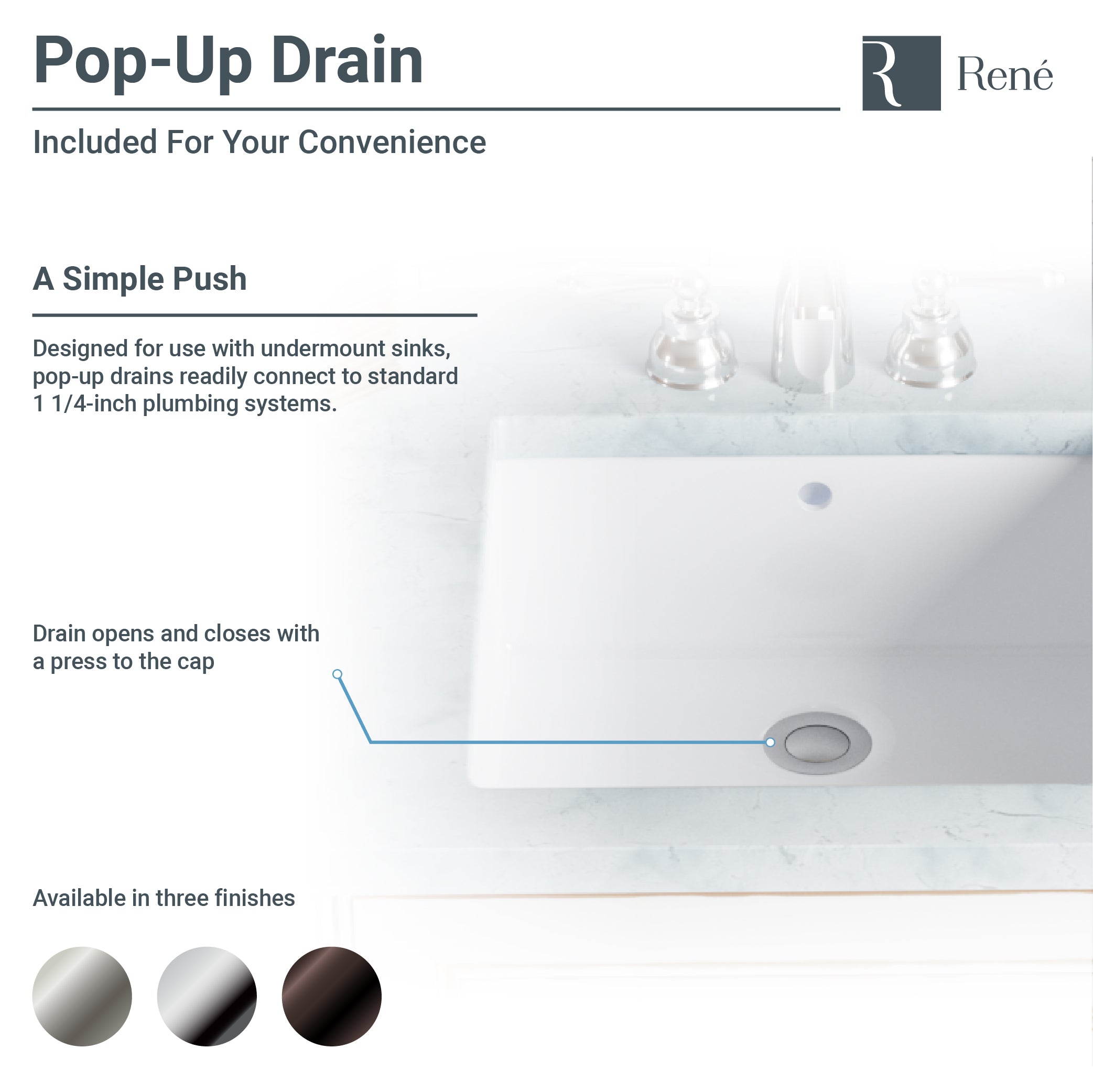 Rene Undermount Porcelain Bathroom Sink in White with Pop-Up Drain in Chrome