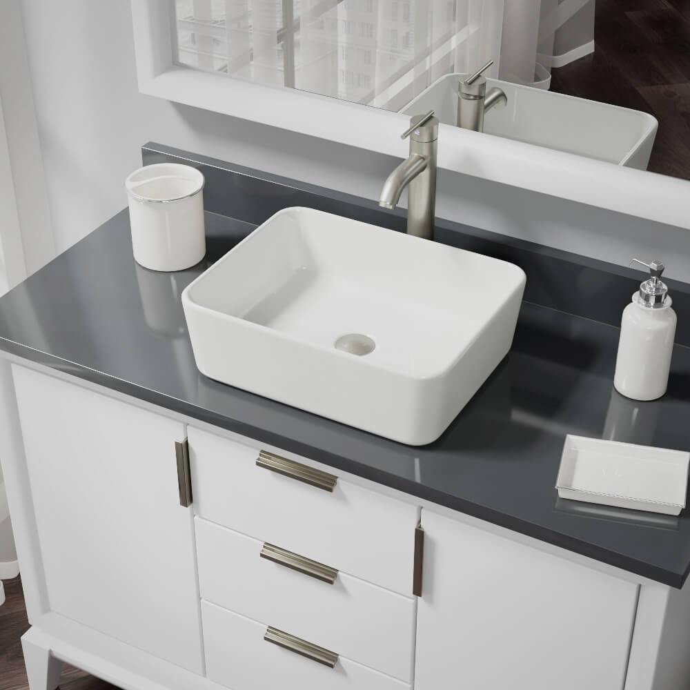 Rene 19" Rectangle Porcelain Bathroom Sink, Biscuit, with Faucet, R2-5007-B-R9-7001-BN - The Sink Boutique