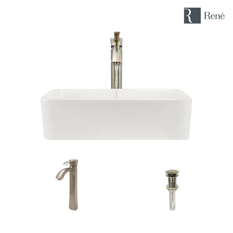 Rene 19" Rectangle Porcelain Bathroom Sink, Biscuit, with Faucet, R2-5007-B-R9-7006-BN