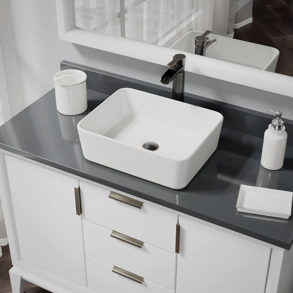 Rene 19" Rectangle Porcelain Bathroom Sink, Biscuit, with Faucet, R2-5007-B-R9-7007-ABR - The Sink Boutique