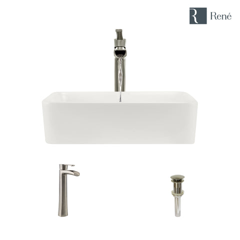 Rene 19" Rectangle Porcelain Bathroom Sink, Biscuit, with Faucet, R2-5007-B-R9-7007-BN