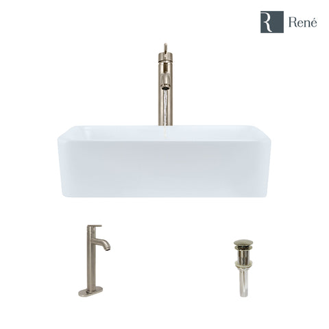 Rene 19" Rectangle Porcelain Bathroom Sink, White, with Faucet, R2-5007-W-R9-7001-BN