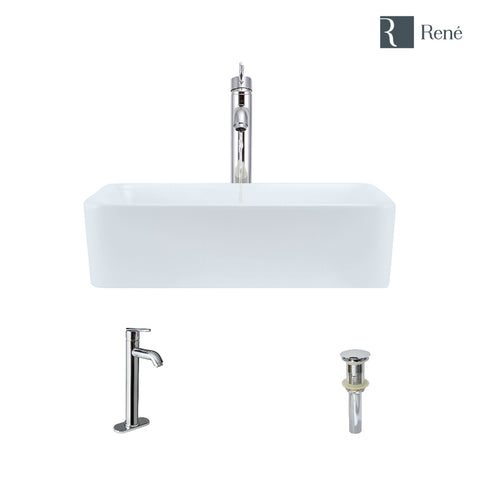 Rene 19" Rectangle Porcelain Bathroom Sink, White, with Faucet, R2-5007-W-R9-7001-C