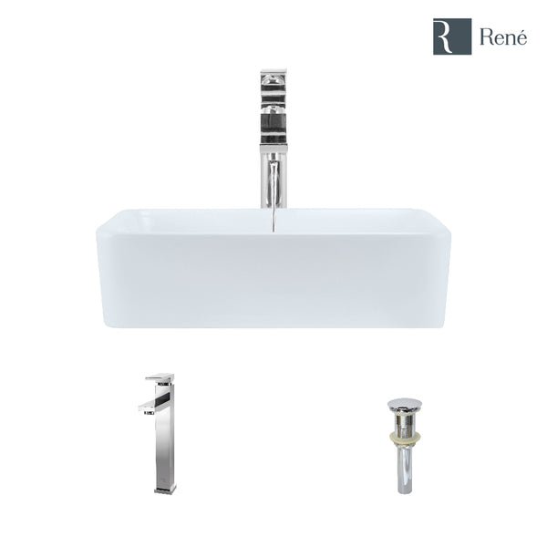 Rene 19" Rectangle Porcelain Bathroom Sink, White, with Faucet, R2-5007-W-R9-7003-C
