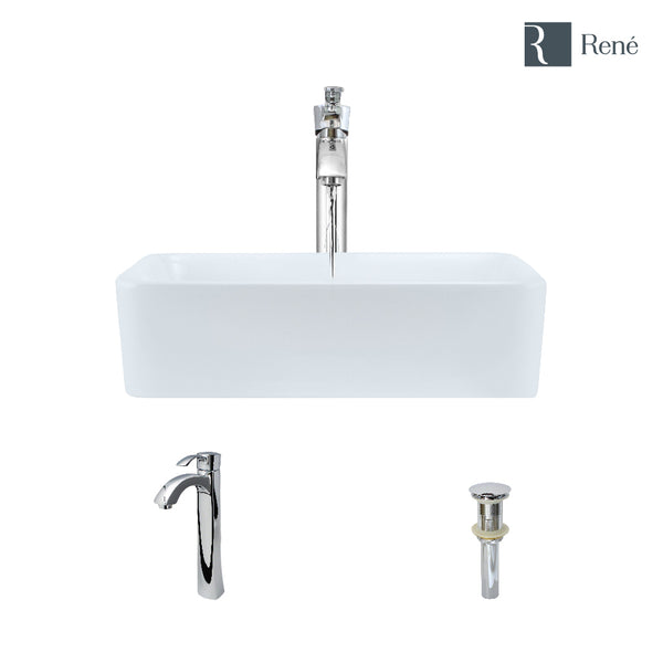 Rene 19" Rectangle Porcelain Bathroom Sink, White, with Faucet, R2-5007-W-R9-7006-C