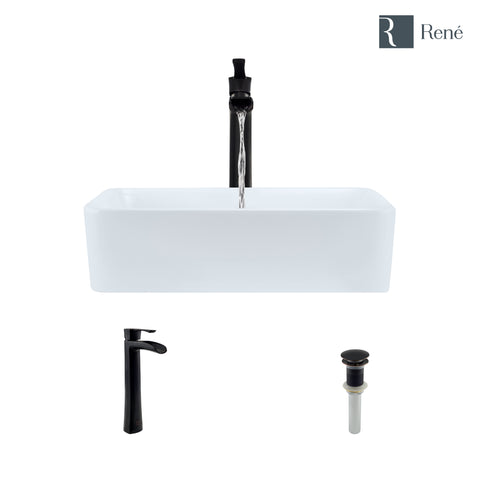 Rene 19" Rectangle Porcelain Bathroom Sink, White, with Faucet, R2-5007-W-R9-7007-ABR