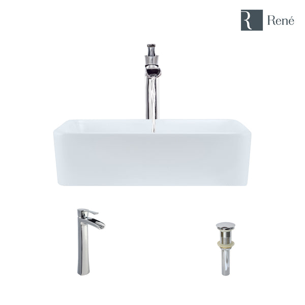 Rene 19" Rectangle Porcelain Bathroom Sink, White, with Faucet, R2-5007-W-R9-7007-C
