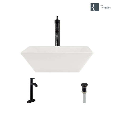 Rene 16" Square Porcelain Bathroom Sink, Biscuit, with Faucet, R2-5010-B-R9-7001-ABR