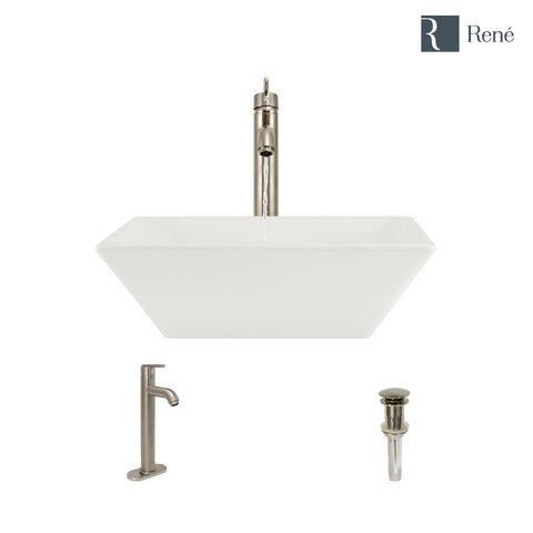 Rene 16" Square Porcelain Bathroom Sink, Biscuit, with Faucet, R2-5010-B-R9-7001-BN