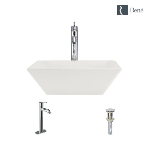 Rene 16" Square Porcelain Bathroom Sink, Biscuit, with Faucet, R2-5010-B-R9-7001-C