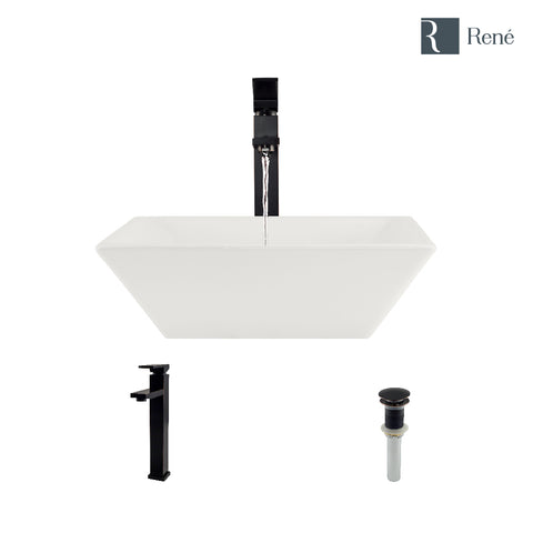 Rene 16" Square Porcelain Bathroom Sink, Biscuit, with Faucet, R2-5010-B-R9-7003-ABR