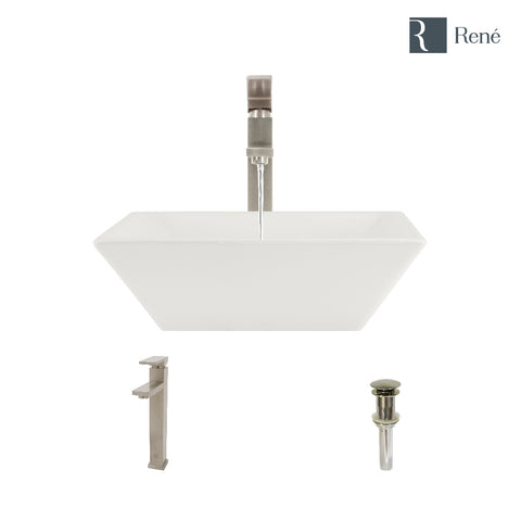 Rene 16" Square Porcelain Bathroom Sink, Biscuit, with Faucet, R2-5010-B-R9-7003-BN
