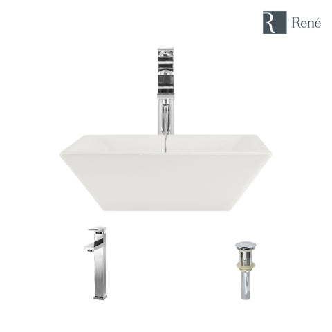 Rene 16" Square Porcelain Bathroom Sink, Biscuit, with Faucet, R2-5010-B-R9-7003-C