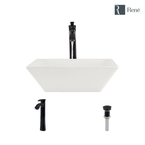 Rene 16" Square Porcelain Bathroom Sink, Biscuit, with Faucet, R2-5010-B-R9-7006-ABR