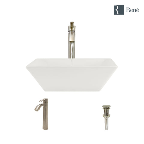 Rene 16" Square Porcelain Bathroom Sink, Biscuit, with Faucet, R2-5010-B-R9-7006-BN