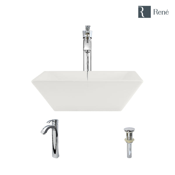 Rene 16" Square Porcelain Bathroom Sink, Biscuit, with Faucet, R2-5010-B-R9-7006-C