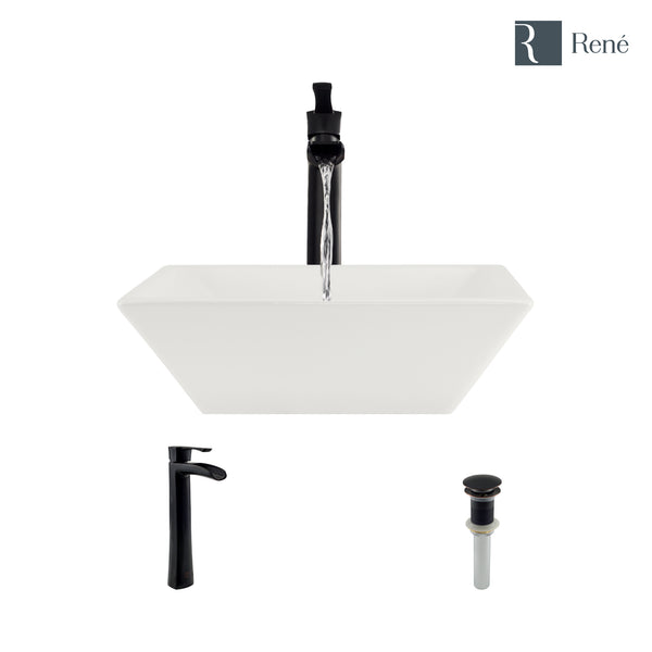Rene 16" Square Porcelain Bathroom Sink, Biscuit, with Faucet, R2-5010-B-R9-7007-ABR