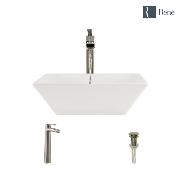 Rene 16" Square Porcelain Bathroom Sink, Biscuit, with Faucet, R2-5010-B-R9-7007-BN
