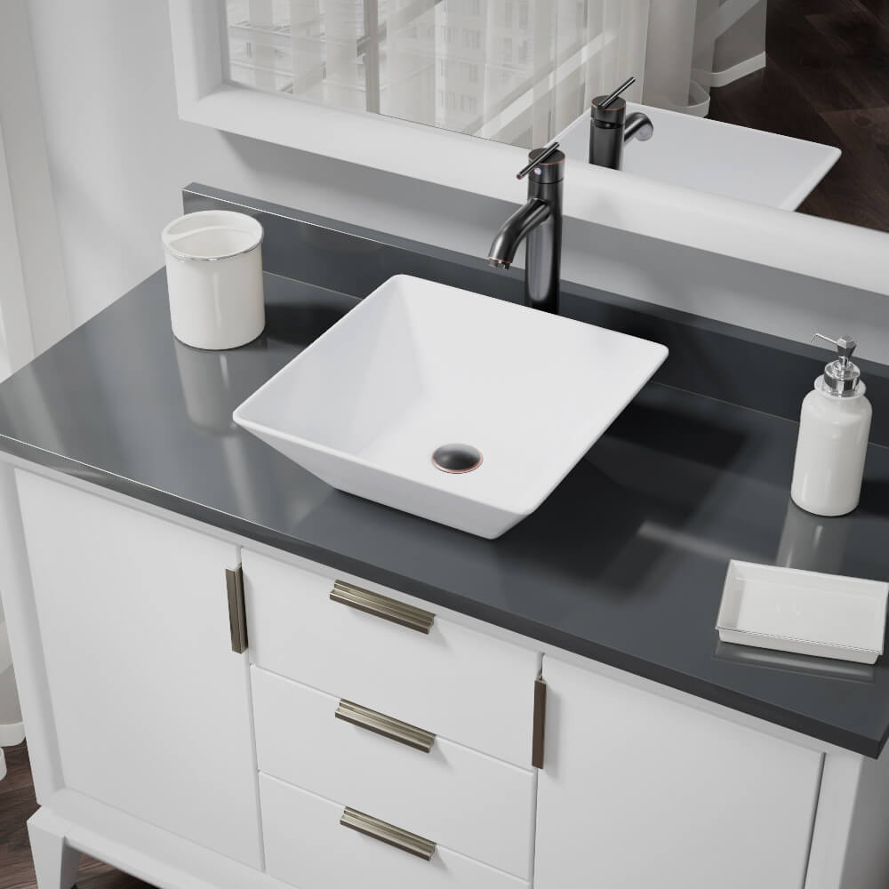 Rene 16" Square Porcelain Bathroom Sink, White, with Faucet, R2-5010-W-R9-7001-ABR - The Sink Boutique