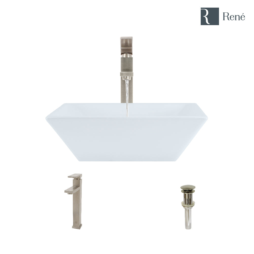 Rene 16" Square Porcelain Bathroom Sink, White, with Faucet, R2-5010-W-R9-7003-BN
