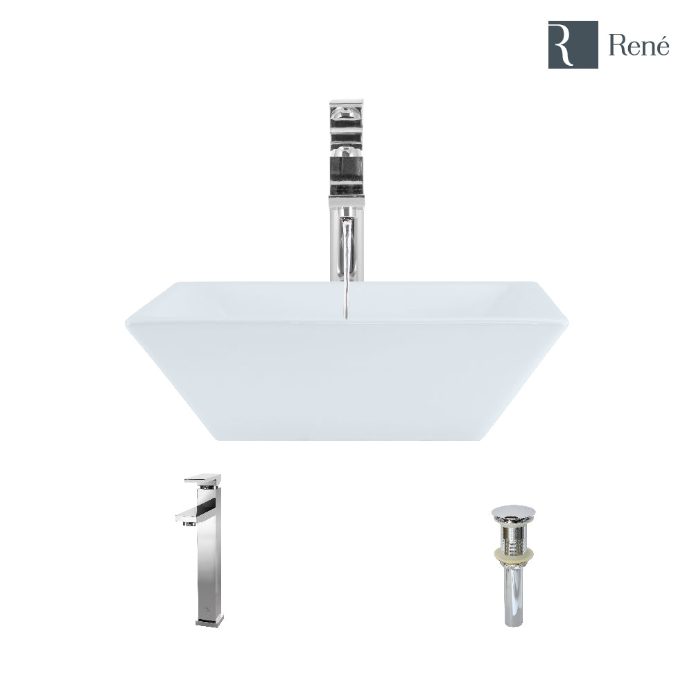 Rene 16" Square Porcelain Bathroom Sink, White, with Faucet, R2-5010-W-R9-7003-C
