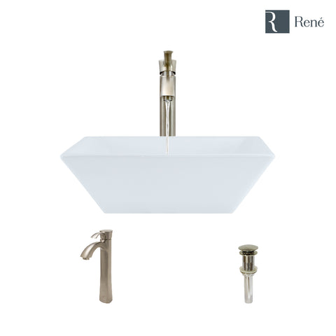 Rene 16" Square Porcelain Bathroom Sink, White, with Faucet, R2-5010-W-R9-7006-BN