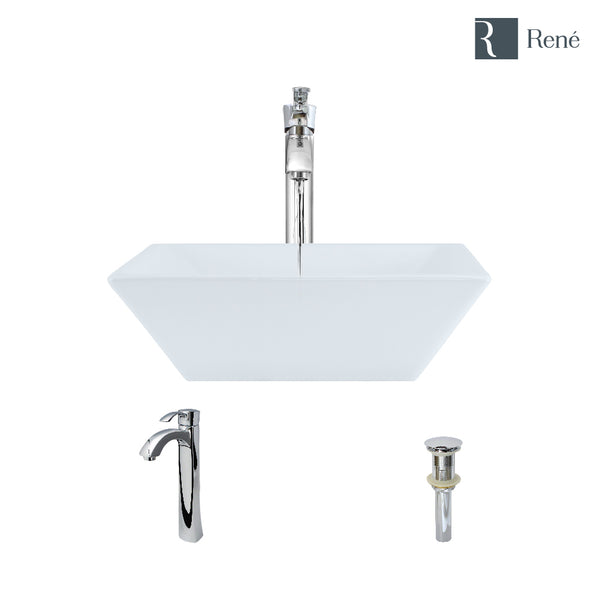 Rene 16" Square Porcelain Bathroom Sink, White, with Faucet, R2-5010-W-R9-7006-C