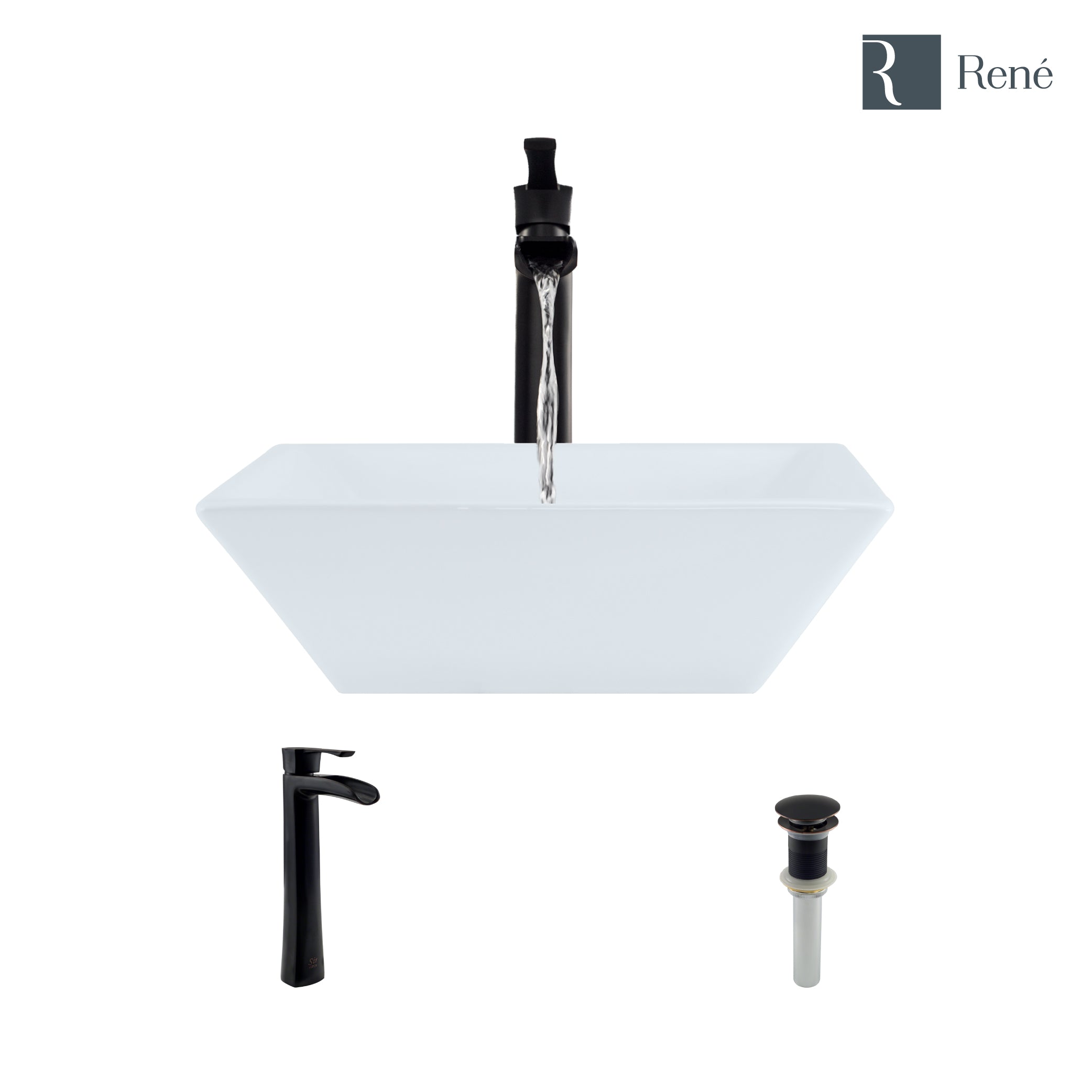 Rene 16" Square Porcelain Bathroom Sink, White, with Faucet, R2-5010-W-R9-7007-ABR