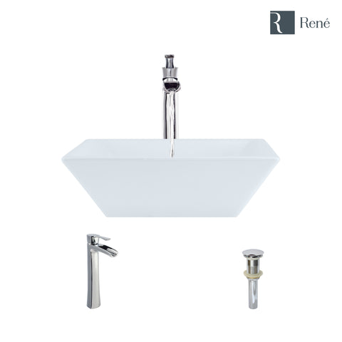 Rene 16" Square Porcelain Bathroom Sink, White, with Faucet, R2-5010-W-R9-7007-C