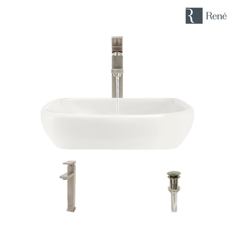 Rene 17" Round Porcelain Bathroom Sink, Biscuit, with Faucet, R2-5011-B-R9-7003-BN