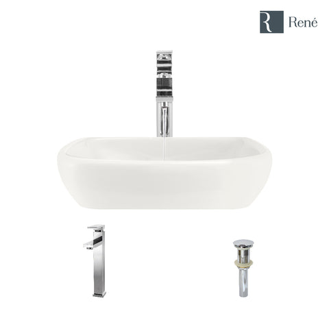 Rene 17" Round Porcelain Bathroom Sink, Biscuit, with Faucet, R2-5011-B-R9-7003-C