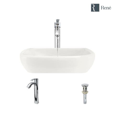 Rene 17" Round Porcelain Bathroom Sink, Biscuit, with Faucet, R2-5011-B-R9-7006-C