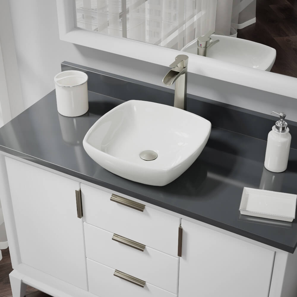 Rene 17" Round Porcelain Bathroom Sink, Biscuit, with Faucet, R2-5011-B-R9-7007-BN - The Sink Boutique