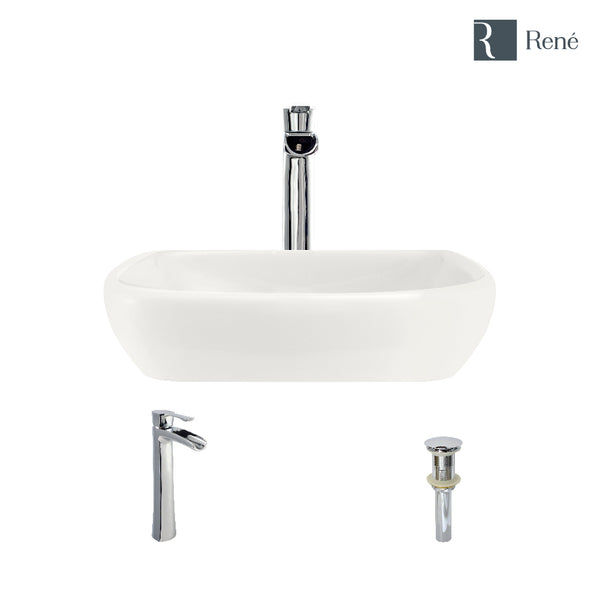 Rene 17" Round Porcelain Bathroom Sink, Biscuit, with Faucet, R2-5011-B-R9-7007-C